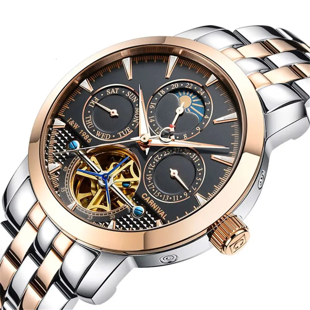 

CARNIVAL Top Brand Luxury Steel Watches Business Automatic Mechanical Waterproof Sport Men Tourbillon Watch Relogios Masculinos