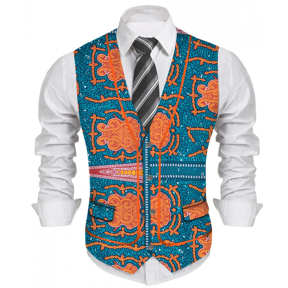 Mens African Clothing Bazin Riche Print Top Vest African Slim Fit Business Wedding Blazer Vest Wyn1208