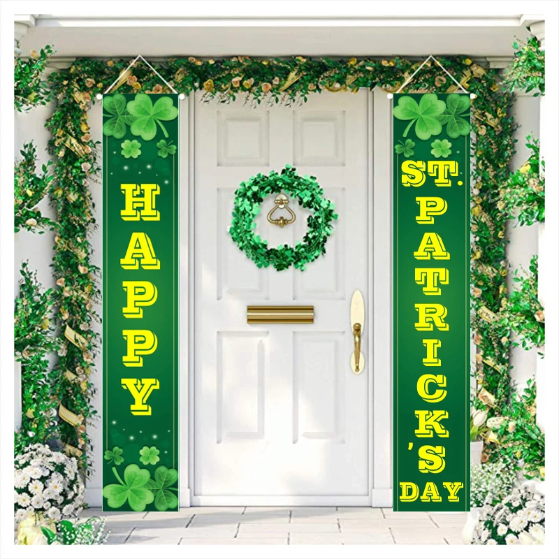 Happy St.Patrick’s Day Flag Porch Hanging Banner 1 Pair Gold Coin Clover Digital Printed Polyester Tapestry Holiday Party Decor