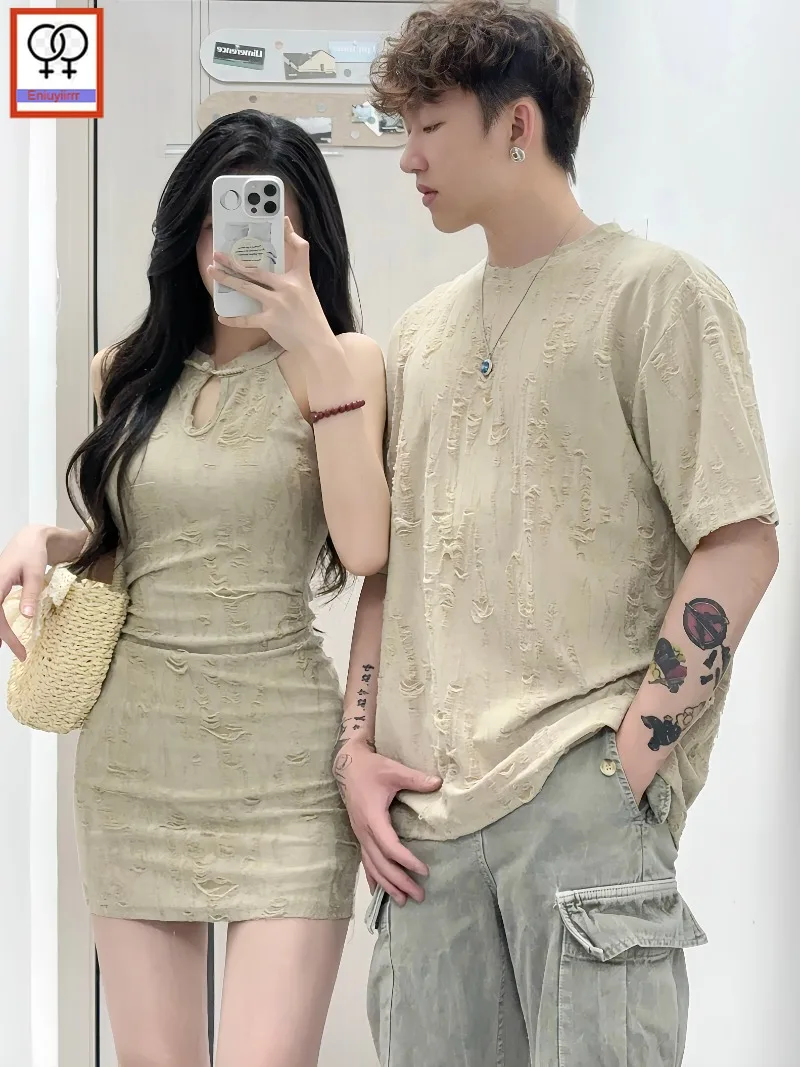 Matching Couple Clothes Outfits Male Female Lovers Holiday Valentine's Date Honeymoon Retro Vintage Cotton T-Shirt Dress