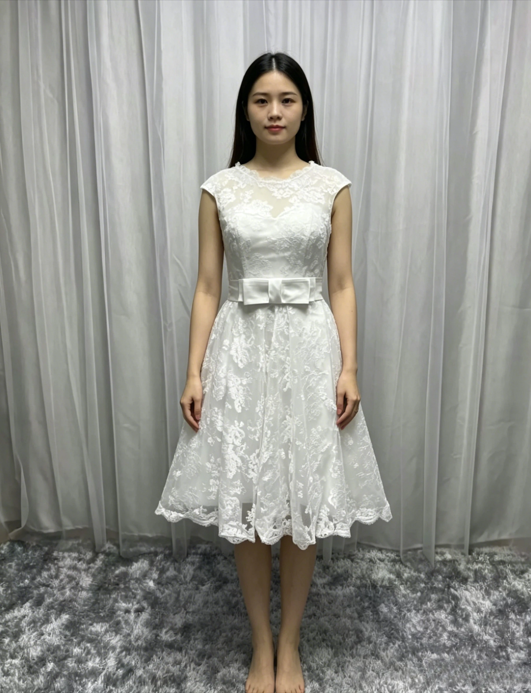 Customizable Classic Simple Cap Sleeve Round Neck Floral Lace Applique Bow Sash A-Line Knee Length Midi Bridal Gown