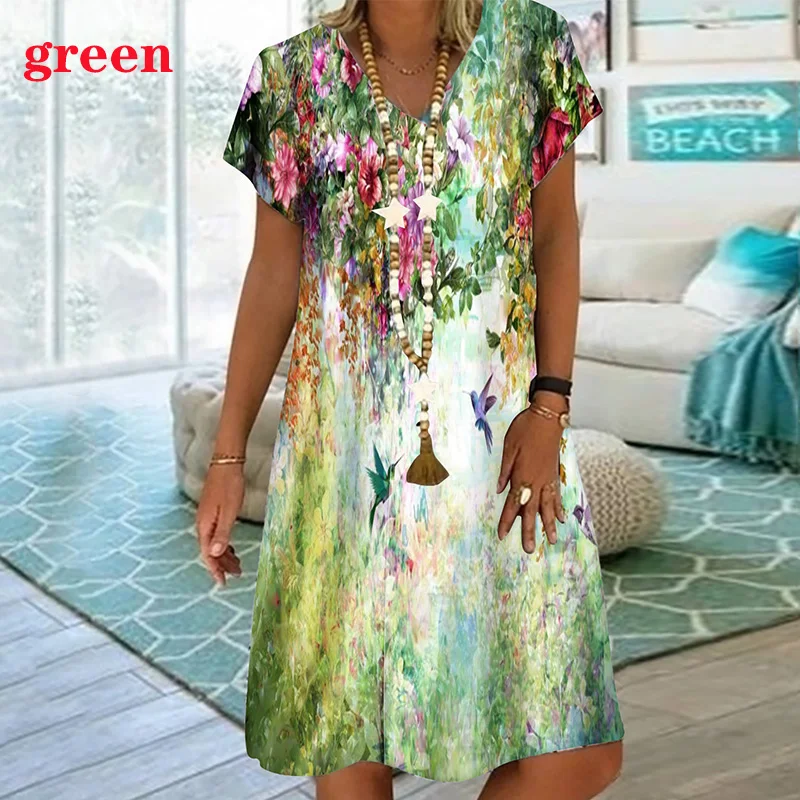 Tie Tye Colorful Gradient Floral Print Dresses For Summer Women Short Sleeve Loose Dress Casual V-Neck Ladies Oversized Clothing