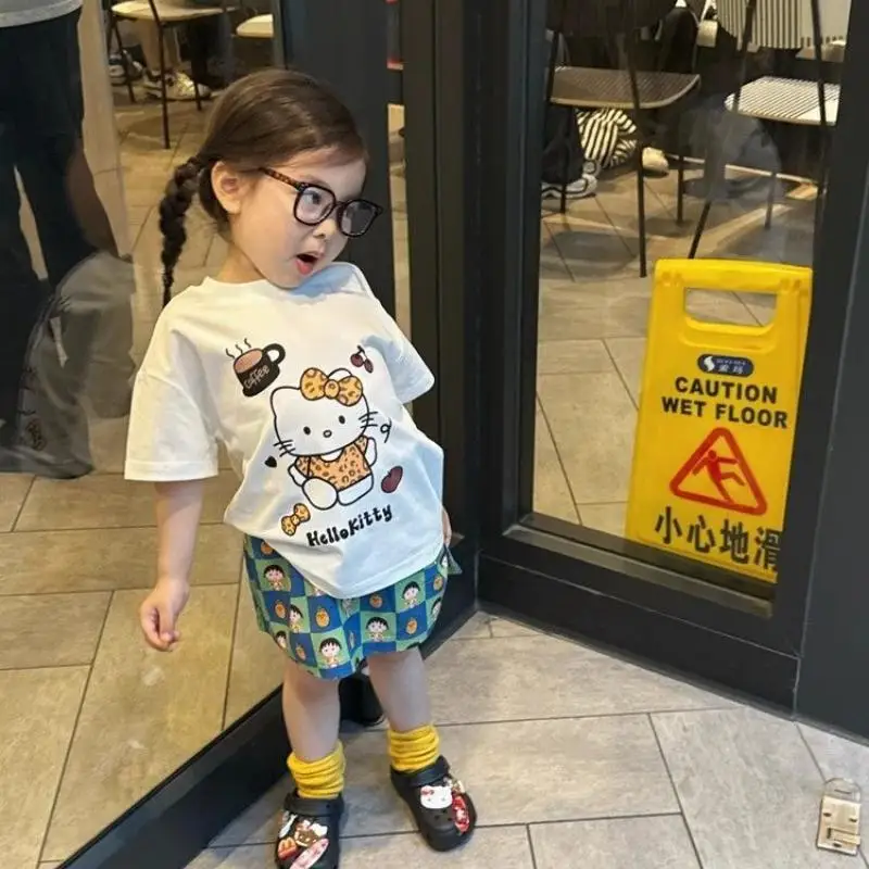 حار مرحبا كيتي الاطفال الكرتون تي شيرت سانريو فتاة القطن قصير الأكمام Kawaii موضة الترفيه لينة ملابس الصيف فضفاضة جديدة