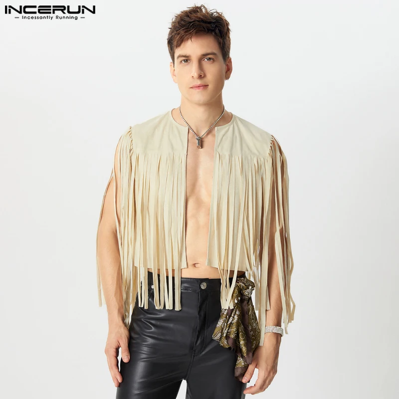 INCERUN 2024 Stylish Men's Tops Tassel Suede Vests Casual Streetwear Male Hot Sale Solid All-match Cropped Sleeveless Waistcoats