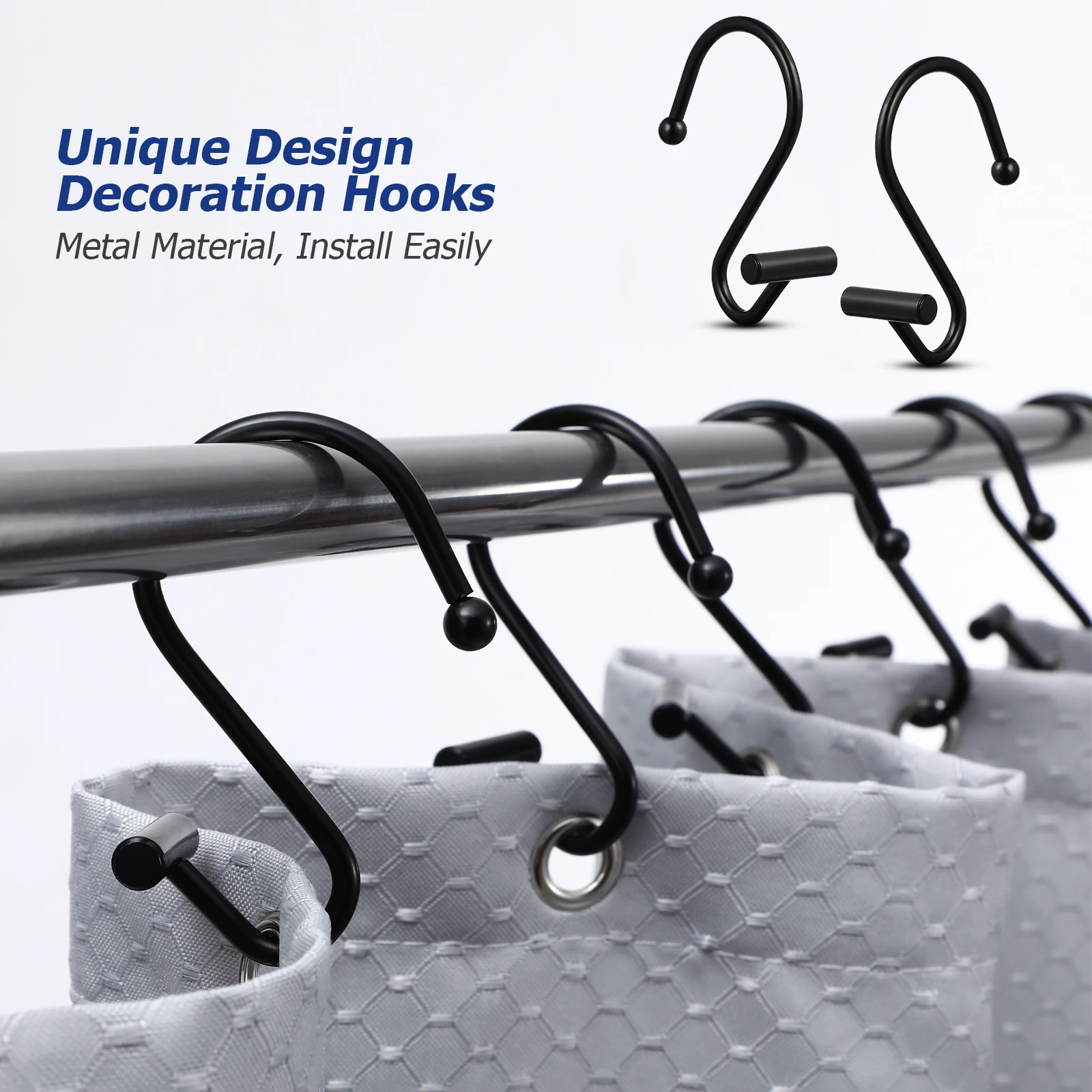 12 Pcs S Hooks Black Shower Curtain Rings for Hanging Bathroom Curtains Decorative T Shaped Easy Slide No Scratch Iron Standard