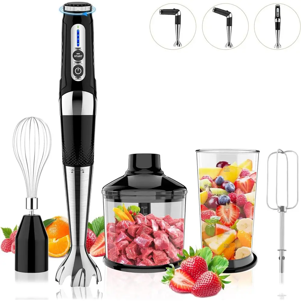 

4-in-1 Rechargeable Hand Blender: 21-Speed, Adjustable, 700ml Chopper, Beaker, Egg Whisk, Smoothie & Soup Maker (Black)
