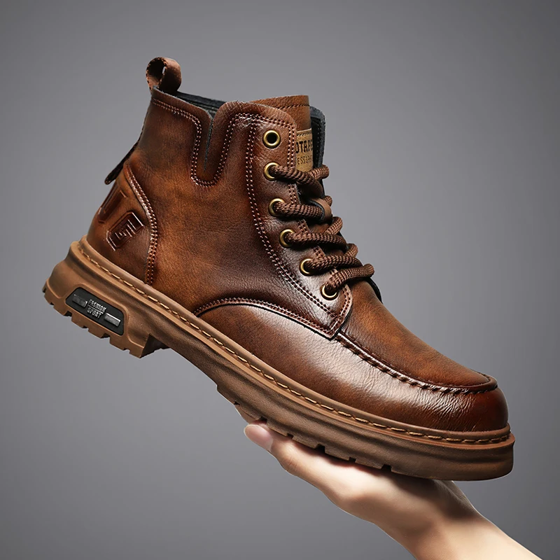 

2025 Retro British Men's Motorcycle Boots Men Casual Brown Platform Boots Man High-top Leather Shoes Outdoor Ankle Boots for Man