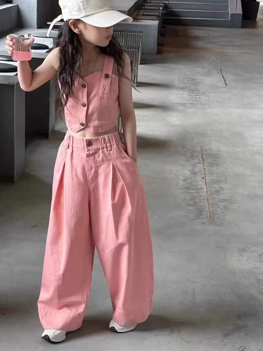 

Children Clothes Girls Solid ColorSuit Suspenders Summer Suspenders Vest + Wide Leg Pants 2 Pieces Set