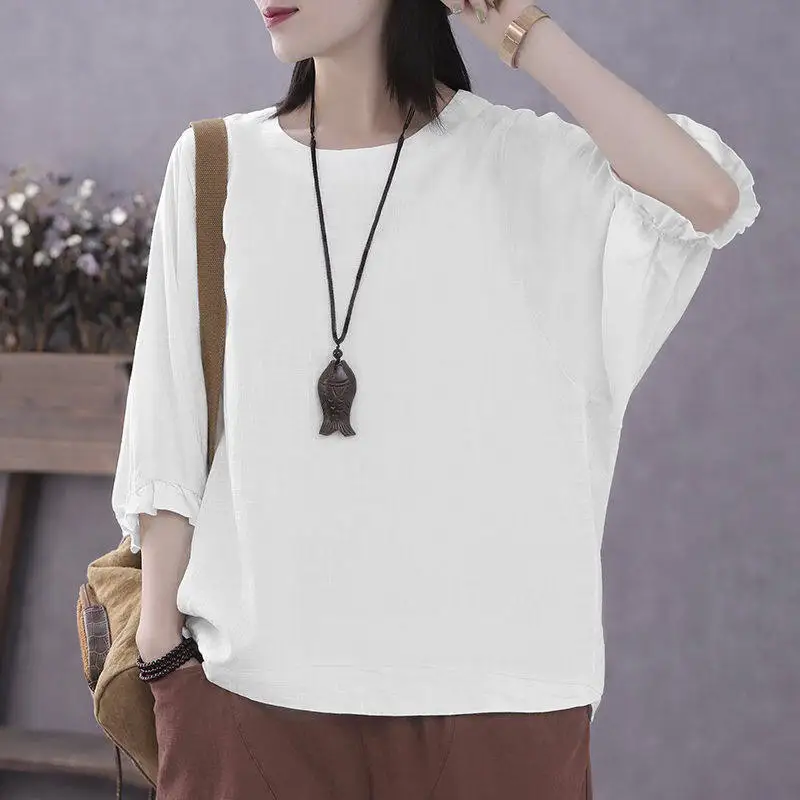 Camiseta de Manga Corta con Cuello Redondo y Manga de Cinco Dedos para Mujer, Talla Grande, Color Sólido, Estilo Holgado, para Primavera y Verano