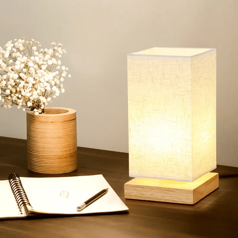 Modern Decoration Nordic Solid Wood Study Hotel Living Room Bedroom Bedside Table Lamp LED Dimming Fabric