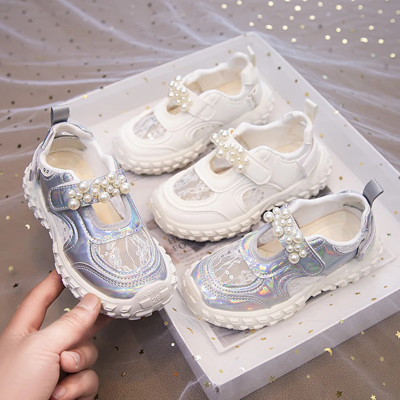 

Детские спортивные сандалии для девочек, новинка 2023 года, дышащая обувь с блестками и жемчугом для девочек, повседневная летняя обувь для девочек