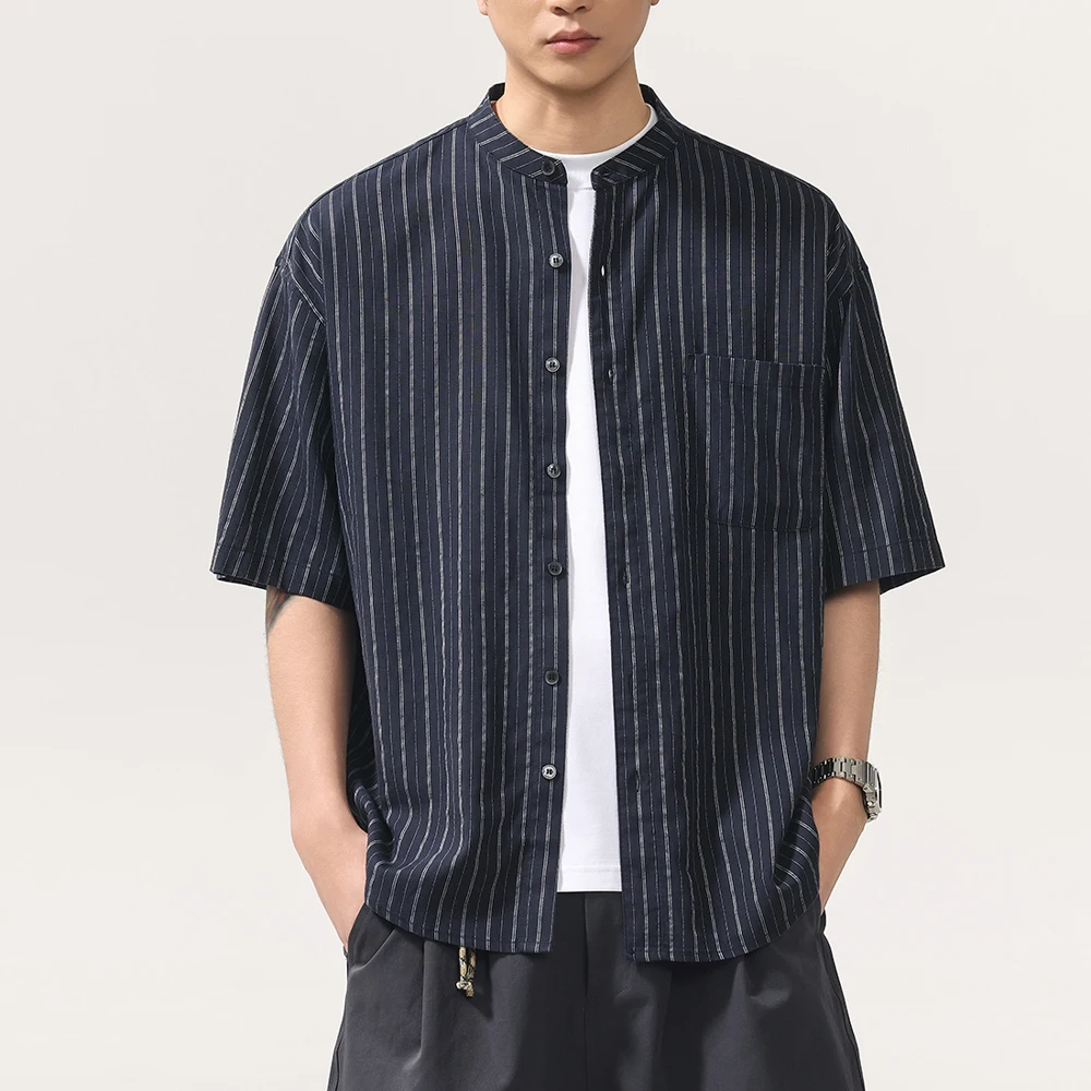 

Мужская летняя модная простая свободная повседневная винтажная рубашка с воротником-стойкой и коротким рукавом в полоску, для работы и повседневной носки