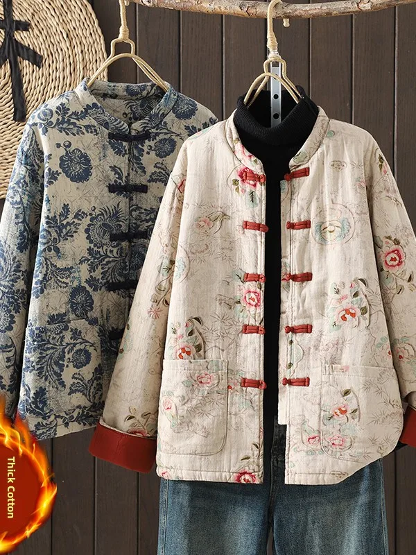 

Женское зимнее традиционное китайское пальто Thiened Cotton Jaet с воротником-стойкой и пуговицами, верхняя одежда с цветочным принтом Long Sve