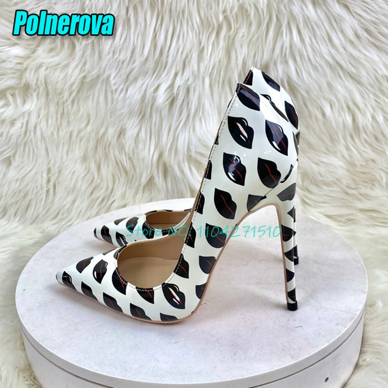 

Sexy Lips Print 12CM Thin High Heels for Women Pointed Toe Patent Leather Shallow Stiletto Pumps Fashion Party Dress Shoes