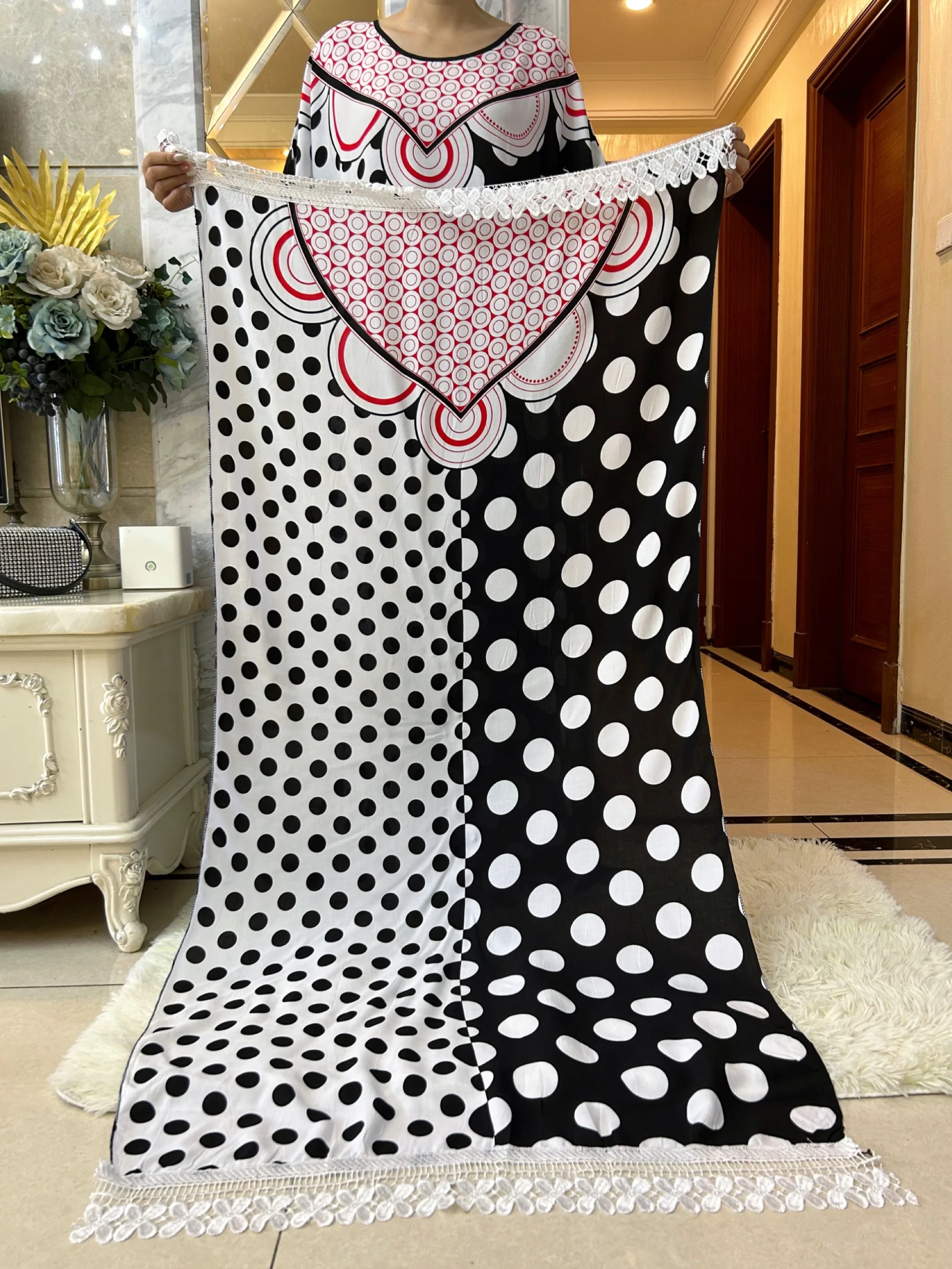 Summer Dress For Women Printed Appliques Cotton Moroccan Caftan Loose Femme Robe African Nigeria Dresses With Big Lace Scarf