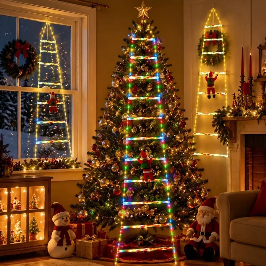 USB Santa Claus Climbing Ladder Lights Christmas Hanging LED String Lights 8 Modes Remote Control Wall Xmas Tree Party Decor