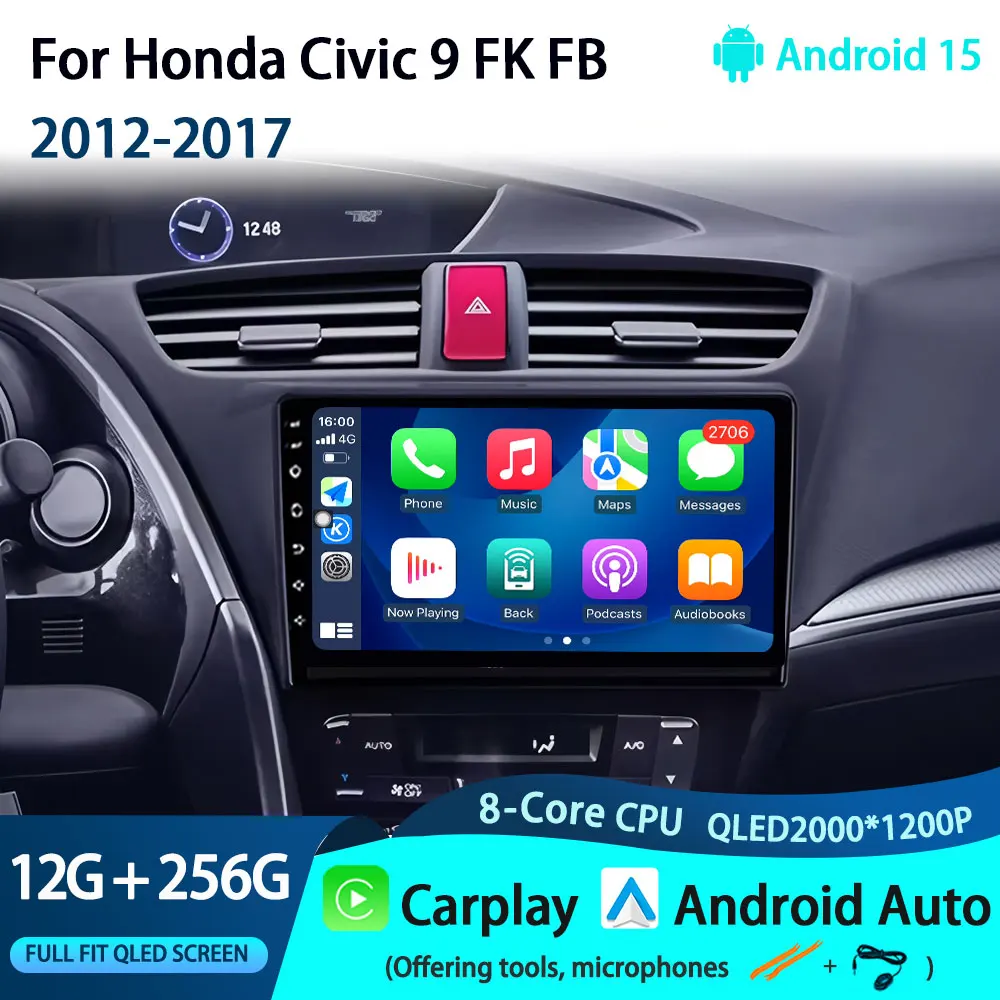 

Android 15 Car Radio Carplay Multimedia Video For Honda Civic 9 FK FB 2012-2017 Player Navigation Stereo GPS DSP IPS 4G WIFI