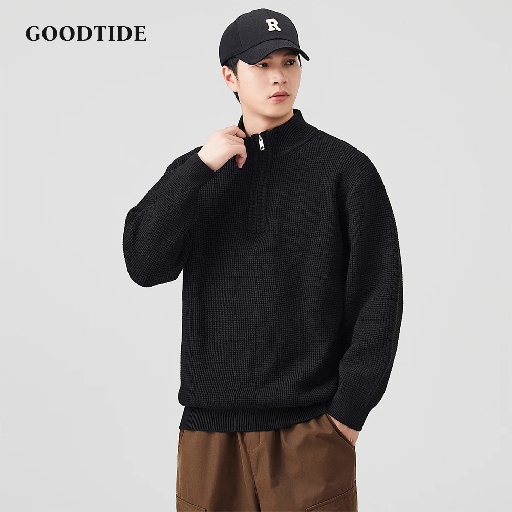

Зимний модный мужской повседневный свитер с воротником на молнии, черный пуловер вафельной вязки, удобный мягкий джемпер с длинными рукавами, топ