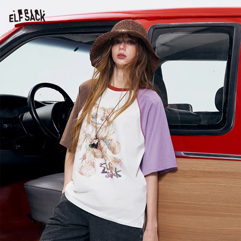 ELFSACK Women's Contrast Sleeve Oversized T-Shirt, Original Huggy Bear Print Knit Tee, Sweet Cool Casual Short Sleeve Top