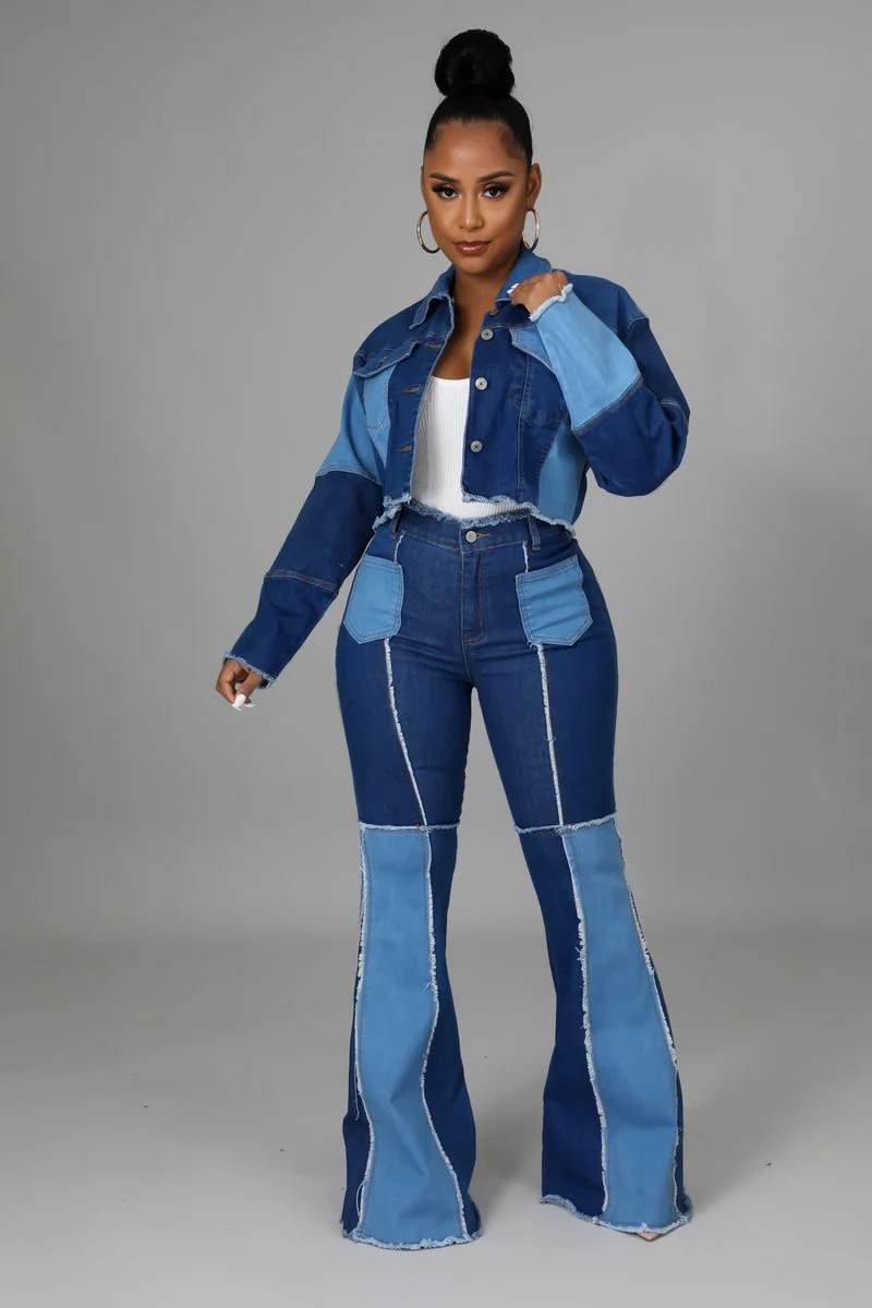 Women's Matching Set Denim Patchwork Vintage Short Jacket and Flare Pant Two Piece Set Outfit Autumn Casual Y2K Fashion Sets