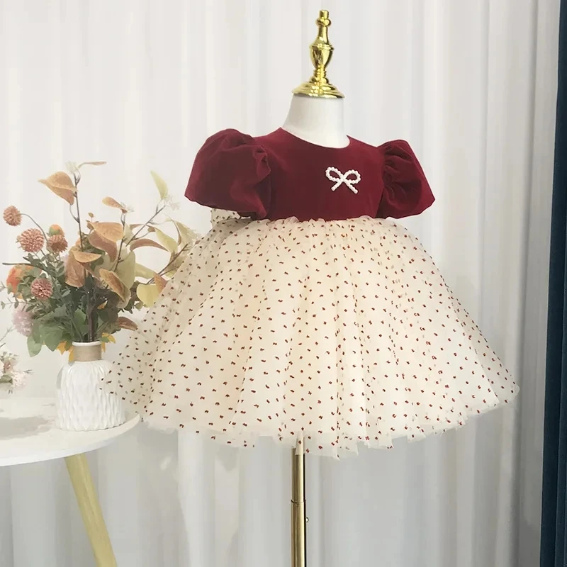 Vestido infantil de veludo vermelho vinho, vestidos infantis para festa de aniversário, casamento, bebês meninas princesa Tulle vestido, adolescentes crianças, novo