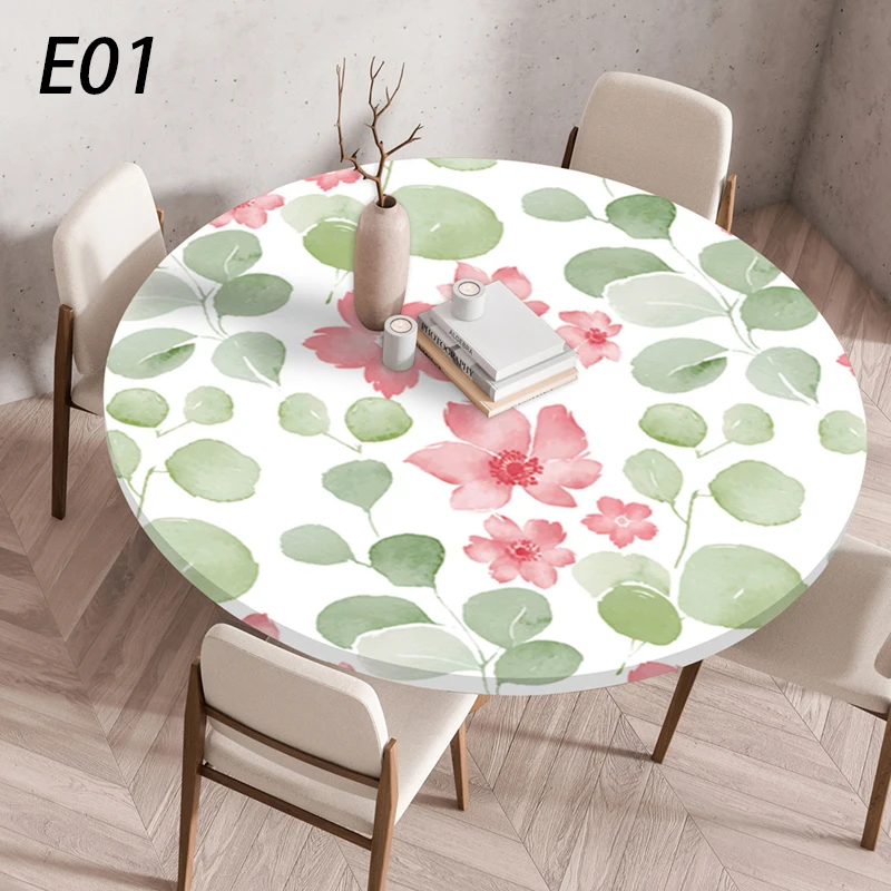 New Waterproof Round Table Cover 60/90/120cm Elastic Plant Printing Home Restaurant Decor Dustproof Table Cover Multi-Size