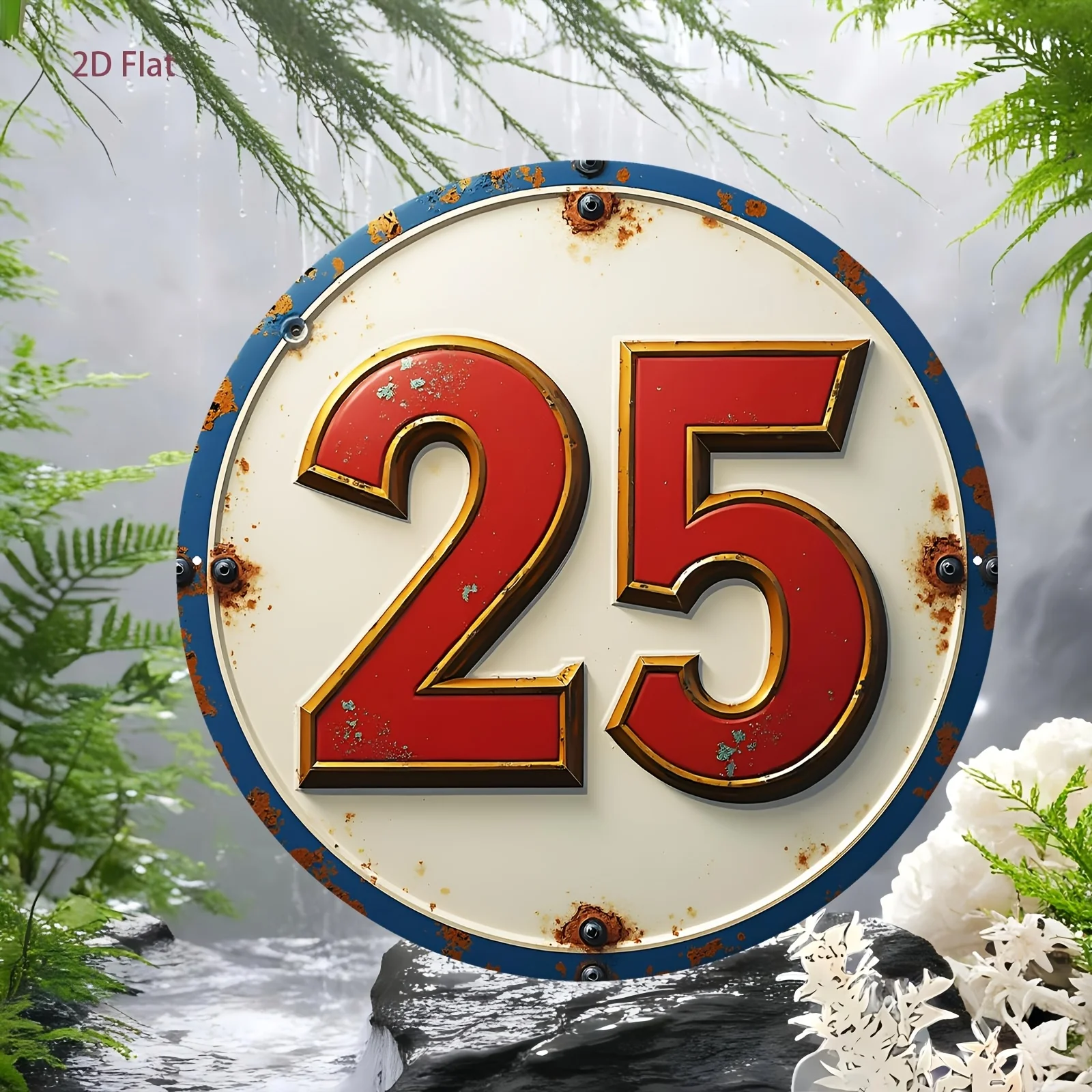 2D Flat, 1pc Vintage Number 25 Plate Sign - Round Aluminum Wall Decor Suitable for Living Room, Bedroom, Study, -Themed Number 2