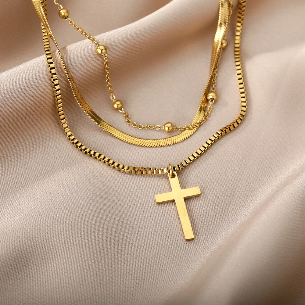 316L Stainless Steel Multi layered Cross Pendant Necklace For Women Gold Color Choker Chain Christmas Jewelry Gifts Dropshipping