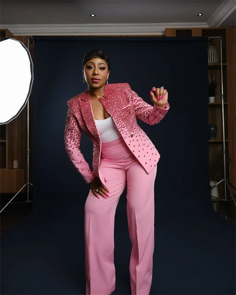 

Luxury Stone Crystals Pink Women Suit Set 2 Pcs Blazer+Pant Trouser Formal Office Jacket Customized Wedding Tuxedos Cotton Coat