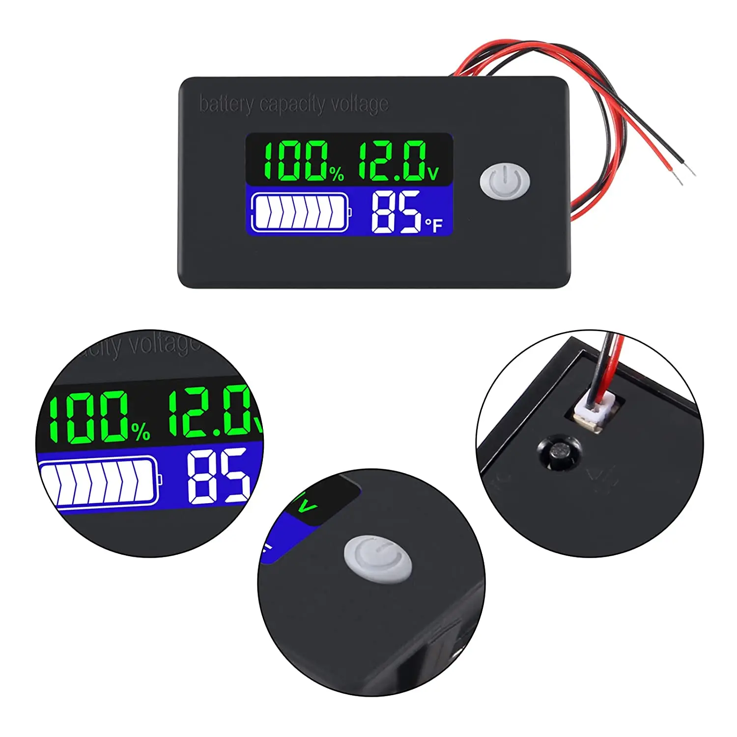 Battery Capacity Monitor 10-100v Battery Meter 12V 24V Battery Power Percentage Voltage Fahrenheit Temperature Indicator Gauge