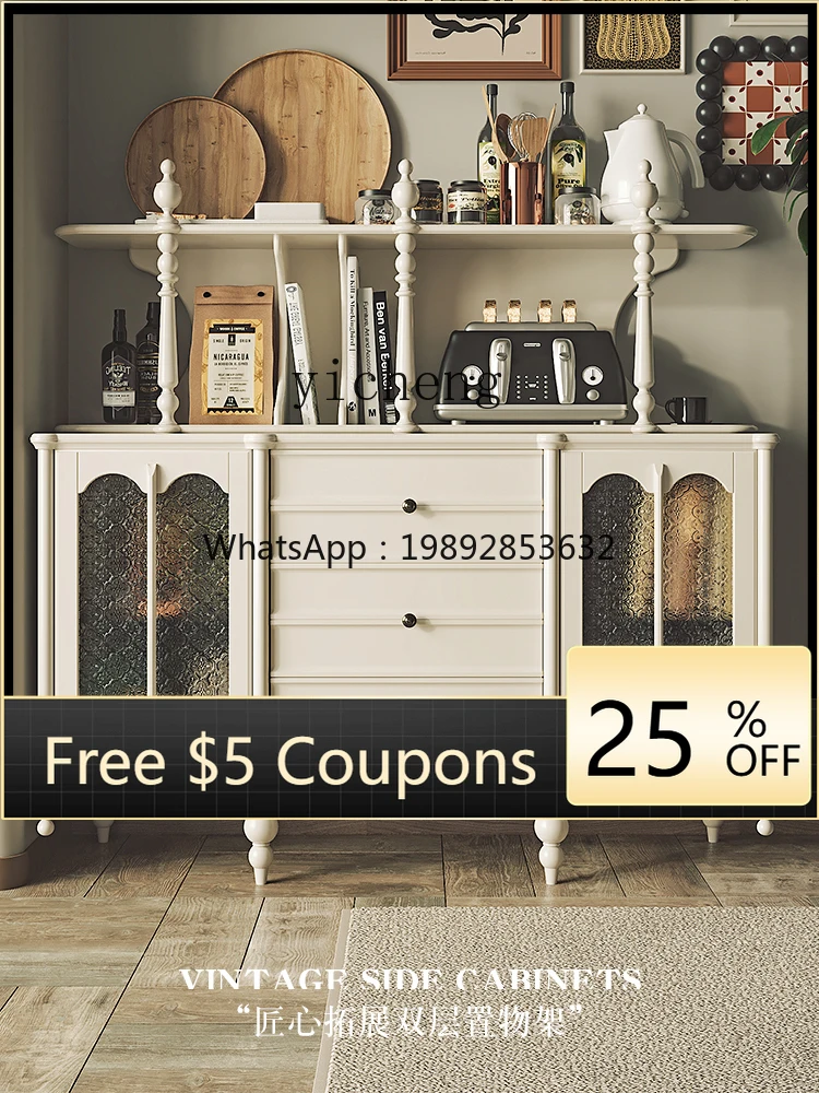 

Retro Solid Wood Sideboard Living Room Wall-Mounted with Shelf Household Storage Tea Cabinet