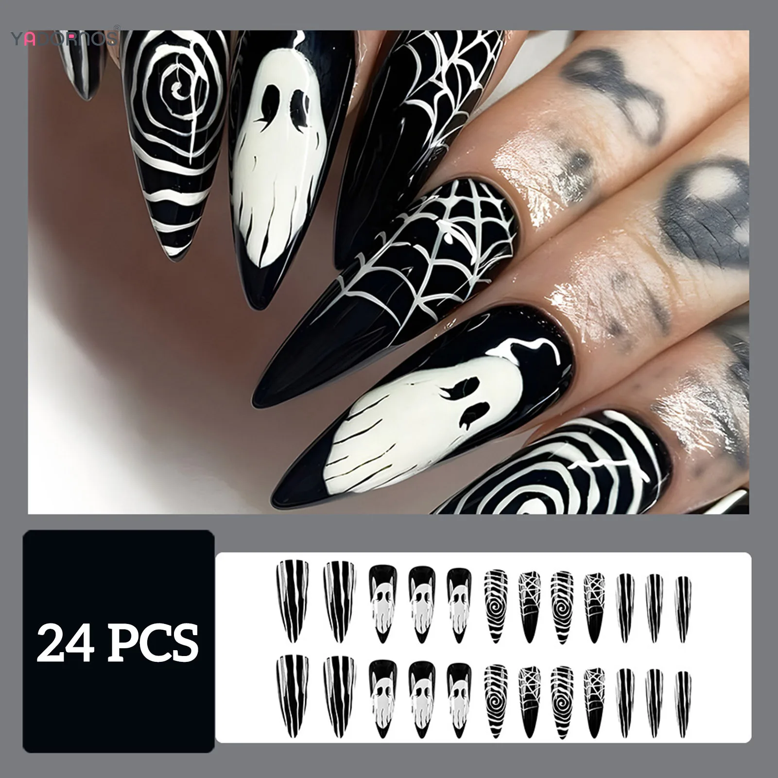 Faux Ongles Stiletto Longs Brillants pour Halloween, 24 Pièces, à Pression, Fait à la Main, Motifs à Rayures Fantômes, Couverture Complète, N64.N64.