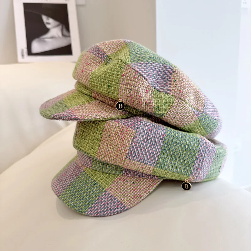 New Fashion All-match Small fragrant wind coarse hemp green octagonal hat  British Retro literary navy Color matching cap