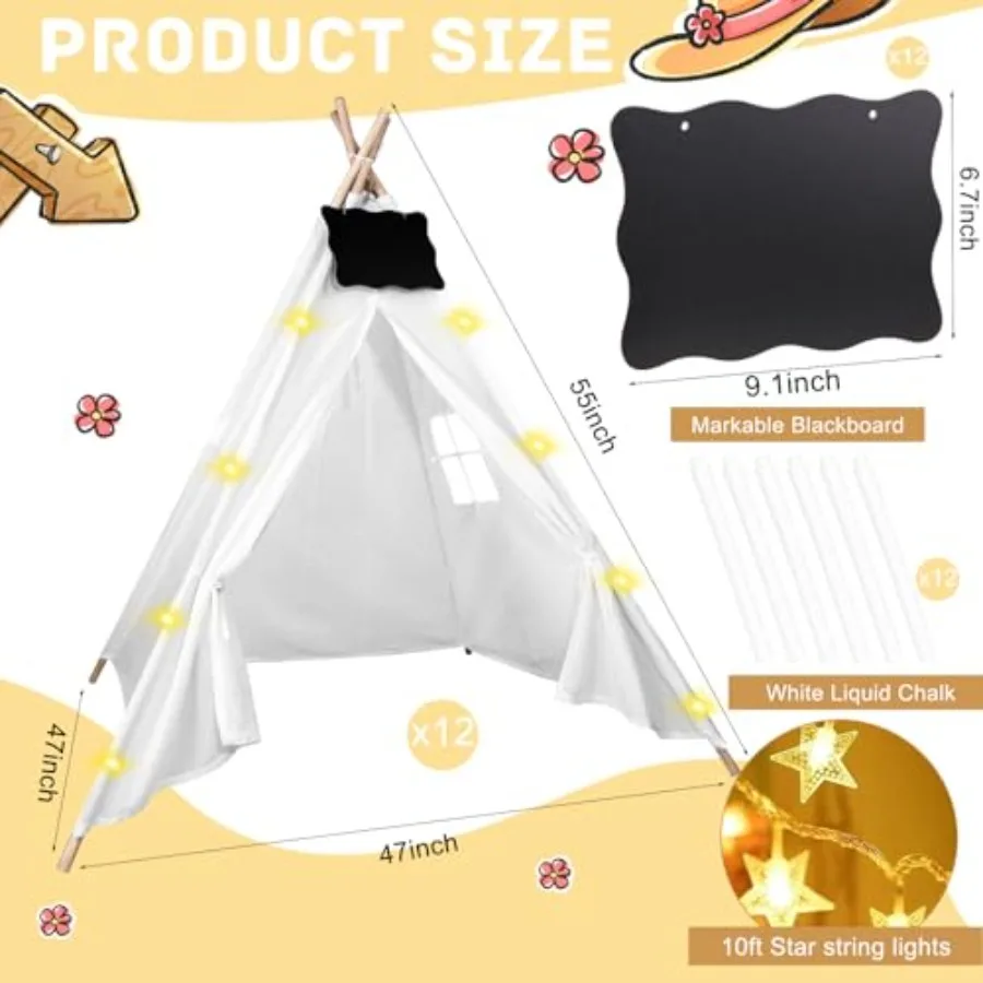 Juego de 12 Uds de tiendas tipi con pizarras pequeñas veteables y luces de cadena de 10 pies, tienda tipi plegable para juegos en interiores y exteriores para niñas