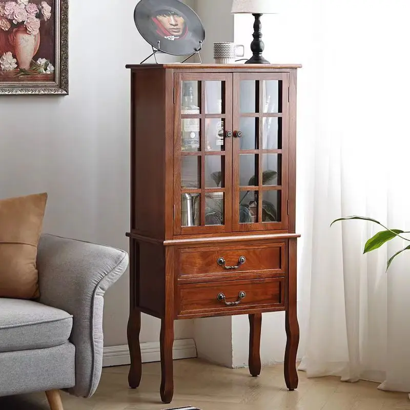 American all-solid wood wine cabinet double-door glass display cabinet European living room retro decorative cabinet