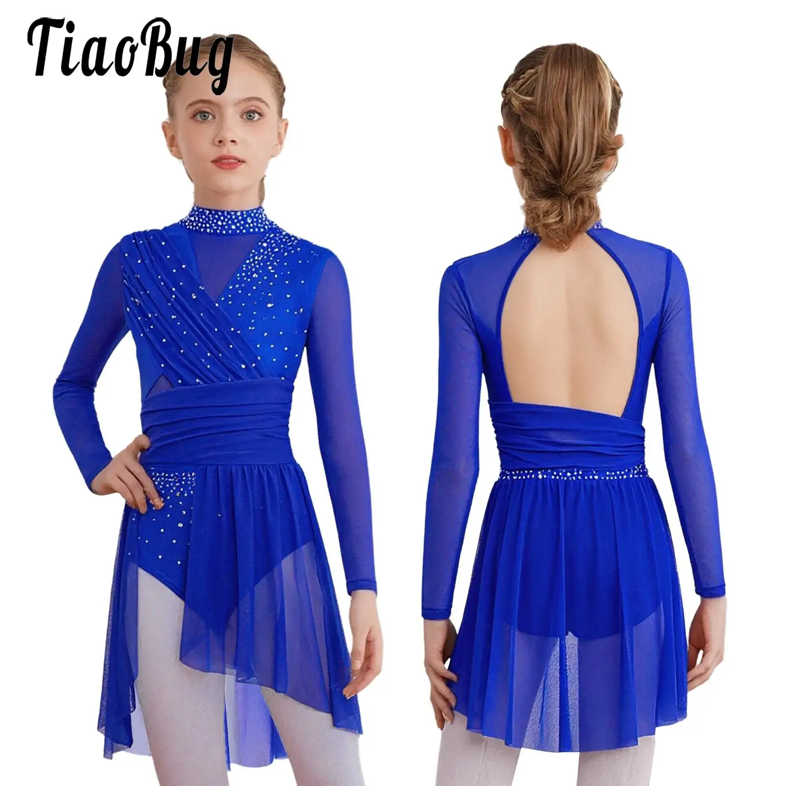 Kids Girls Figure Skating Gymnastics Ballet Lyrical Dance Costume Dress Side Split Sheer Mesh Ruched Rhinestones Leotards Dress