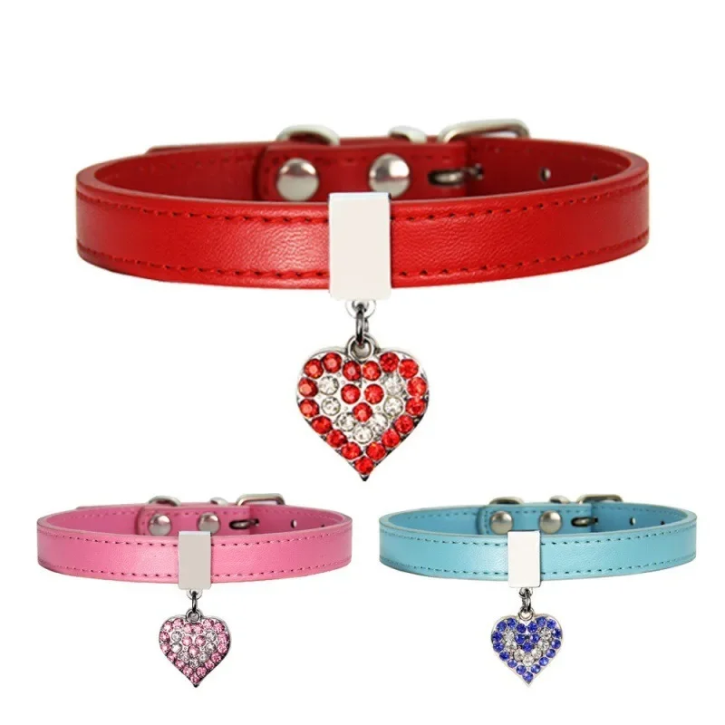 Adjustable Pet Collars Diamante Leather Pet Puppy Necklace Bling Crystal Studded Cat Collars Pink Red for Small Medium Dogs