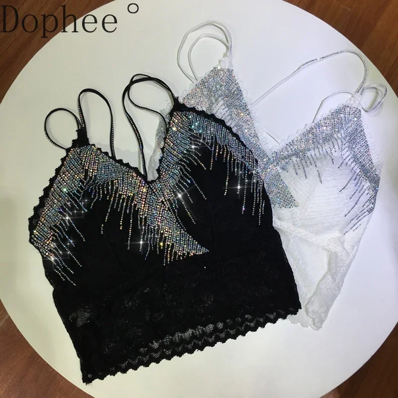 

Blingbling, женские топы на бретельках с горячим бурением, универсальные жилеты на тонких бретельках, укороченный топ, элегантные ажурные кружевные топы на груди