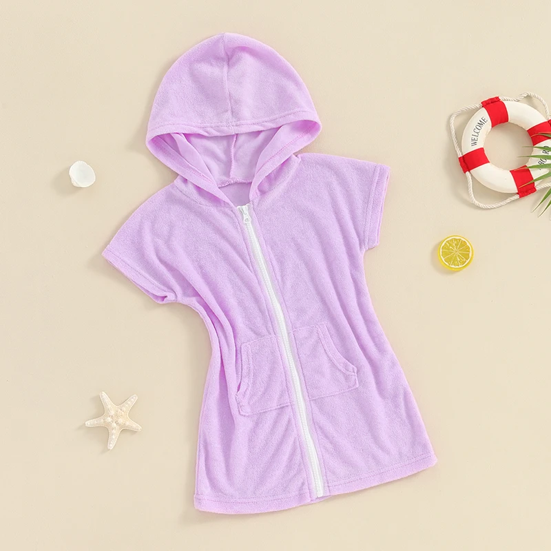 Baby Girl s Zipper Terry Cover Up Hooded Bathrobe Zip Up Beach Hoodie Shower Bath Wrap Body Towel Dress Swimwear