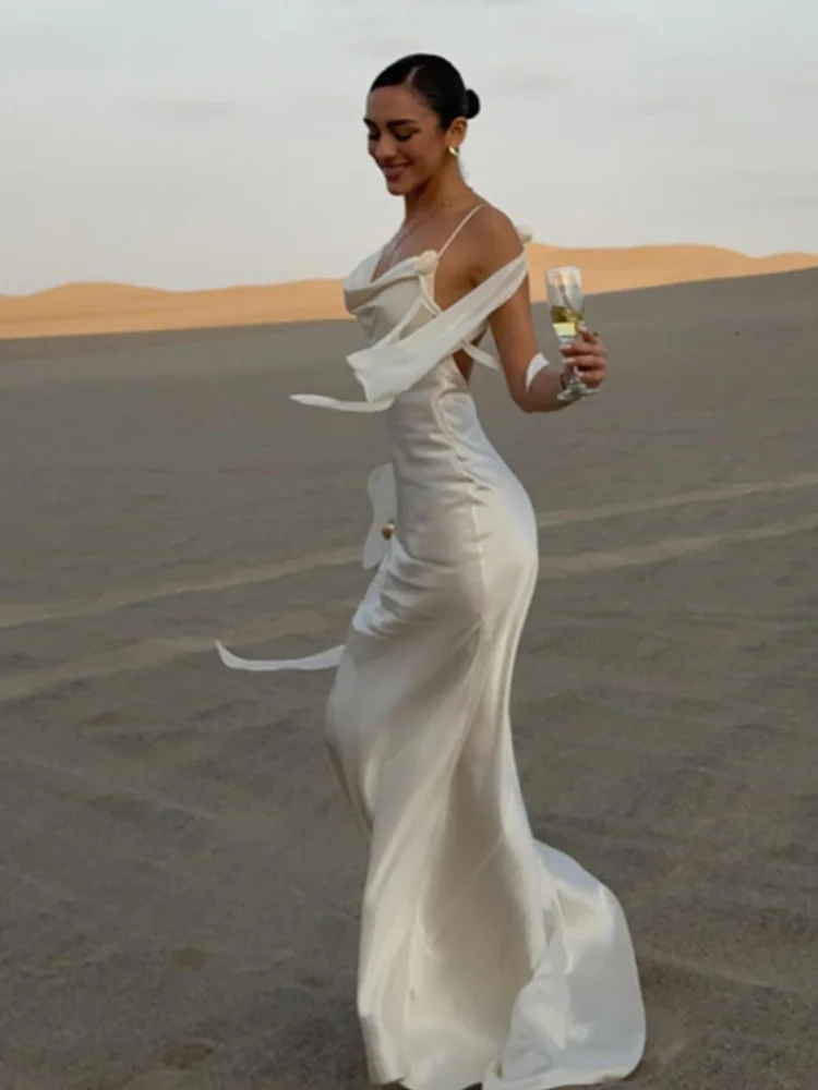 

Elegant 3d Flowers Backless Dress Women Skinny Swing Collar Sleeveless White Sling Maxi Robes 2025 Summer Lady Evevning Vestido
