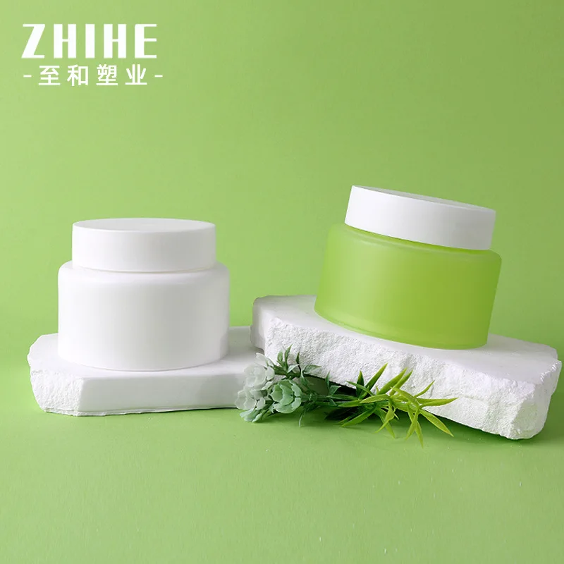 

100g Double Layer PP Plastic Cream Jar, White & Green Face Cream Containers, Refillable Scrub & Balm Jars for Skincare