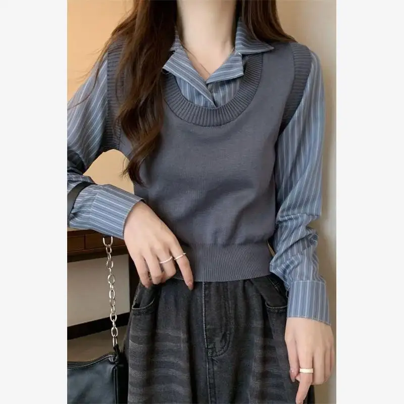 

Ele Вязаный свитер, искусственный двухсекционный дизайн, высокая талия, иллюзия, модная женская одежда, подходит для прогулок, V-Ne Nine...