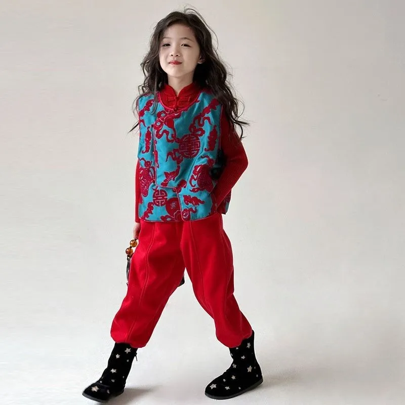 

Осень/Зима 2026, новый китайский жилет для девочек, детский жилет, топ, комплект из 2 предметов, детский модный дышащий жилет без рукавов, топ LI876