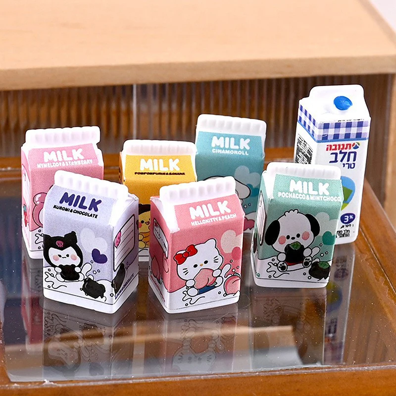 6Pcs Sanrio Hello Kitty Kuromi 1/12 Dollhouse Miniature Simulation Milk Bottle Model Food Accessories For Doll House Decoration