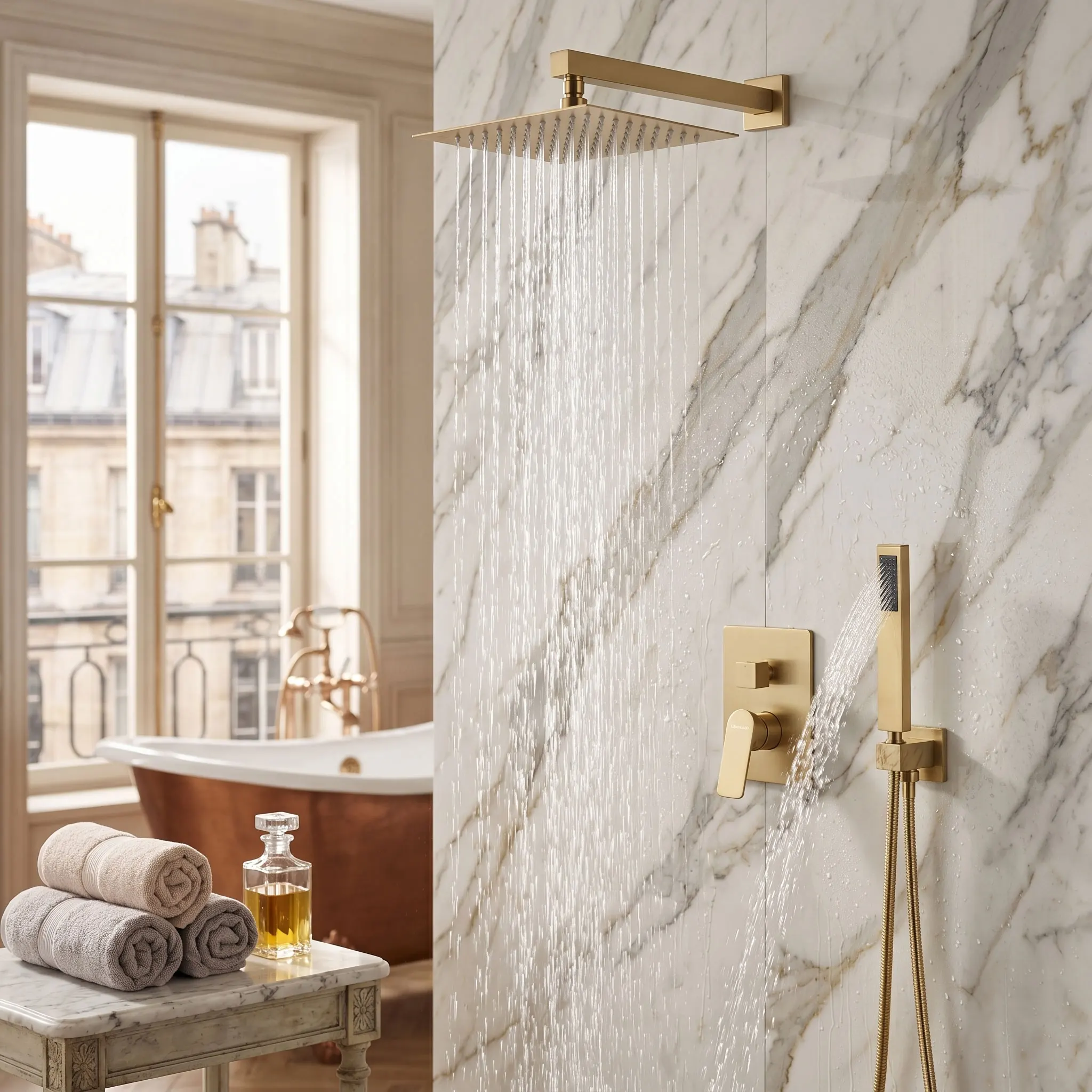

Juego grifería ducha oculta para baño en oro cepillado, cabezal ducha +grifos mezcladores, ducha mano, grifería