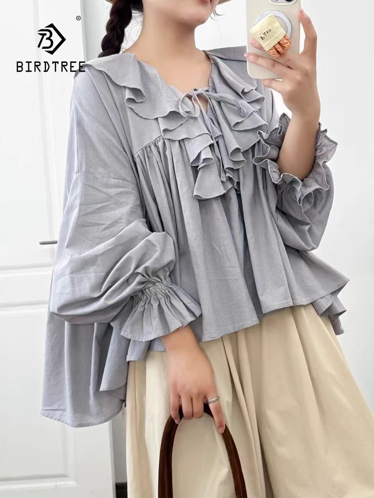 

New 2025 Autumn Cotton Flare Sleeve Shirt, Women V Neck Ruffles Patchwork, Mori Girl French Age Reduction Loose Blouse T58916CC