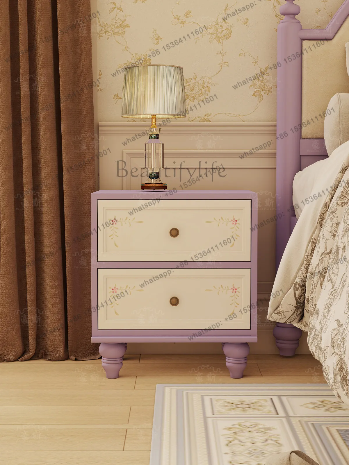 Retro style sofa side cabinet solid wood two buckets storage purple living room art style painted edge few