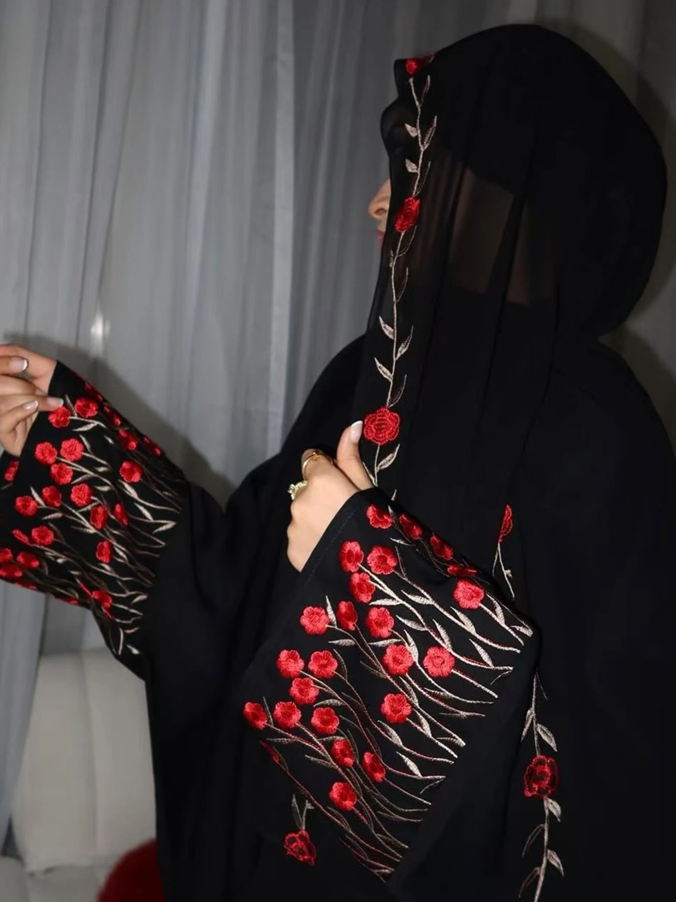 

Elegant Embroidered Floral Open Cardigan And Headscarf Set for Women Ethnic Uygur Style Fashionable Traditional Chinese Clothing