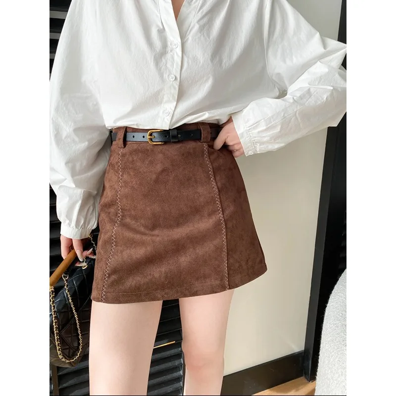 Women Dark Brown Suede Mini Skirt High Waist Belted A Line Skirt Casual Vintage Style Skirt With Stitching Detail Fashion ZXIE