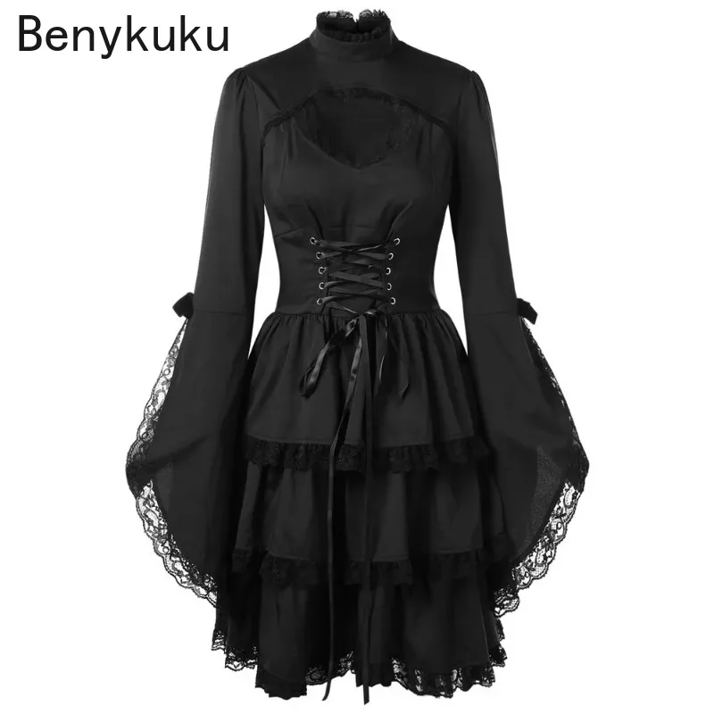 Women Gothic Punk Dress Long Flare Sleeve Sexy Black Mesh Sawing Medieval Vintage Elegant Lace Up Goth Retro Party Mini Dresses